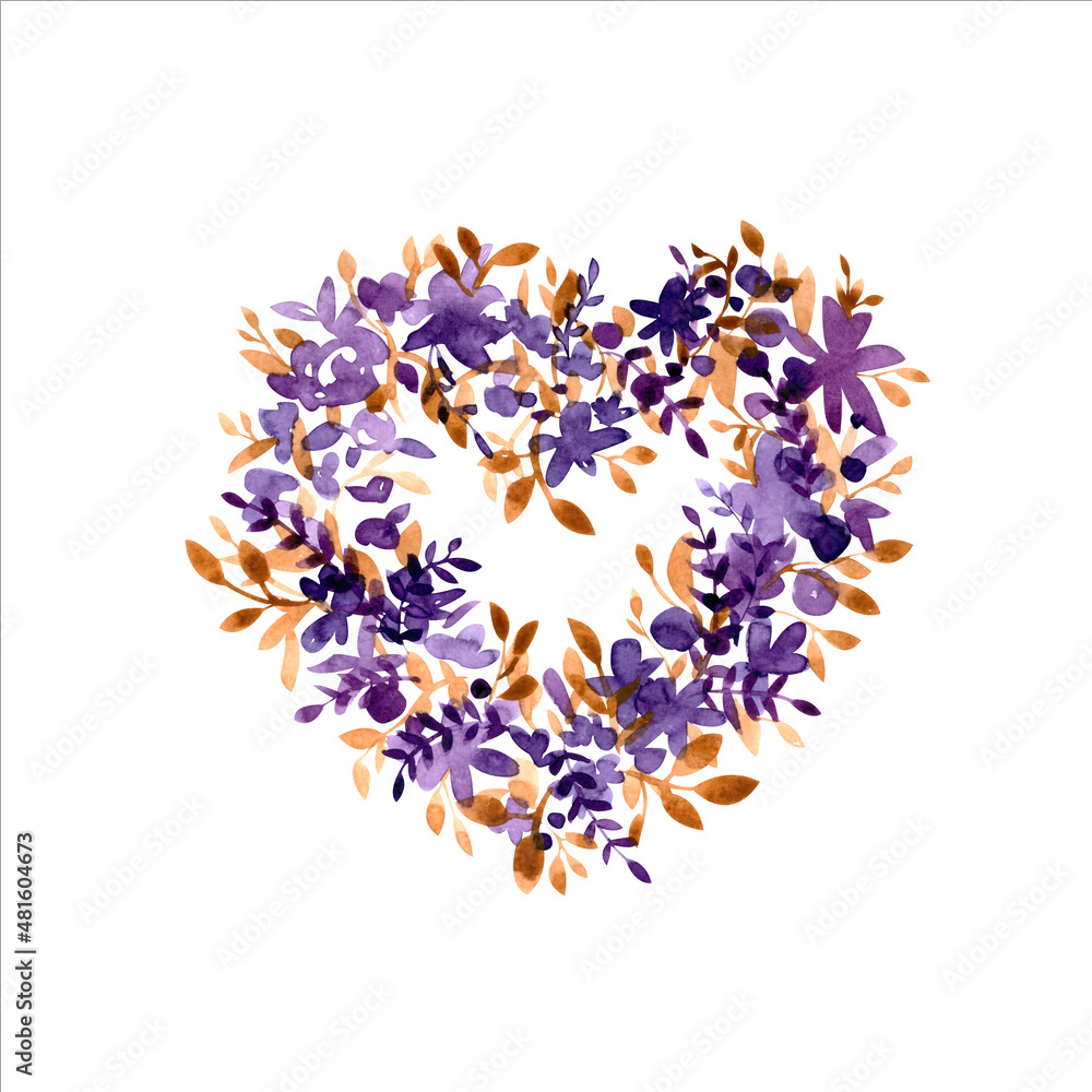 Simple postcards with purple and orange watercolor hearts, flowers and leaves on a white background.