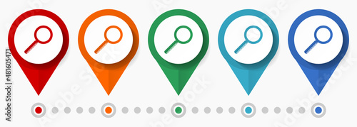 Search sign, glass concept vector icon set, flat design pointers, infographic template