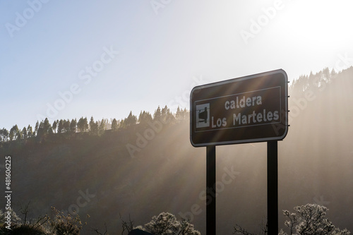 The sign Caldera Los Marteles means the viewpoint of Caldera Los Marteles peak, Gran Canaria, Spain photo