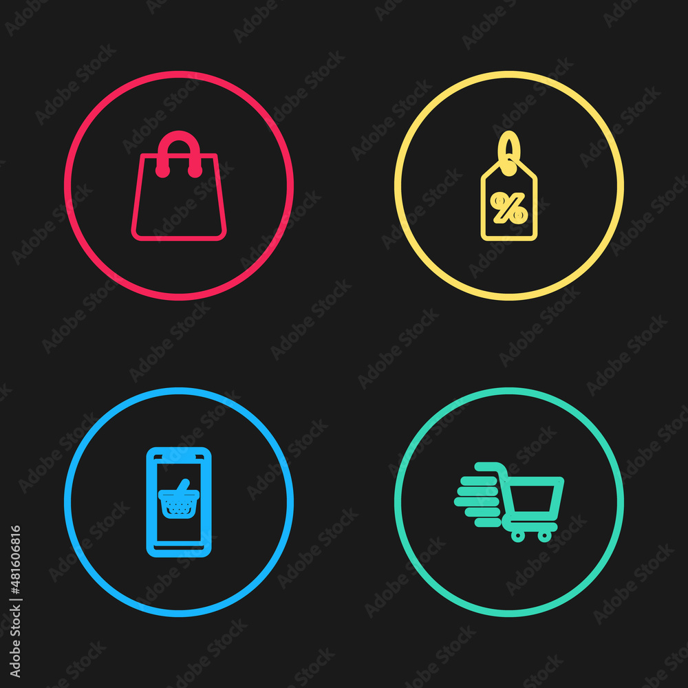 Set line Mobile and shopping basket, Shopping cart, Discount percent tag and Handbag icon. Vector Set line Mobile and shopping basket, Shopping cart, Discount percent tag and Handbag icon. Vector