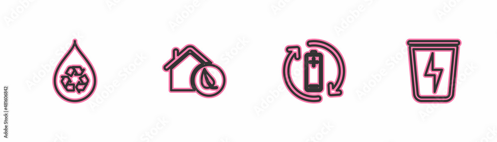 Set line Recycle clean aqua, Battery with recycle, Eco friendly house and Lightning trash can icon. Vector Set line Recycle clean aqua, Battery with recycle, Eco friendly house and Lightning trash can icon. Vector