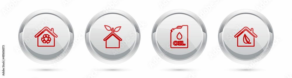Set line Eco House with recycling, friendly house, Canister machine oil and . Silver circle button. Vector Set line Eco House with recycling, friendly house, Canister machine oil and . Silver circle button. Vector