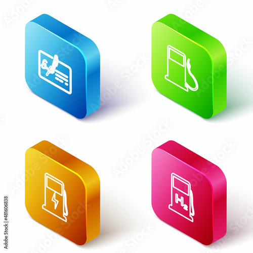 Set Isometric line Signed document, Petrol or Gas station, Electric car charging and Hydrogen filling icon. Vector
