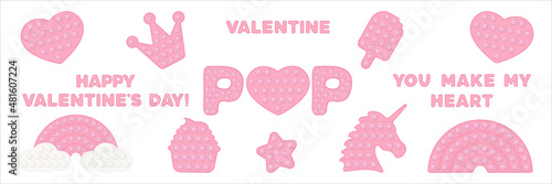 Set of love heart icons symbol of Valentines day in the style of pop it fashionable silicon fidget toys. The figure of heart, rainbow, unicorn in pink color. Vector illustration isolated on white.