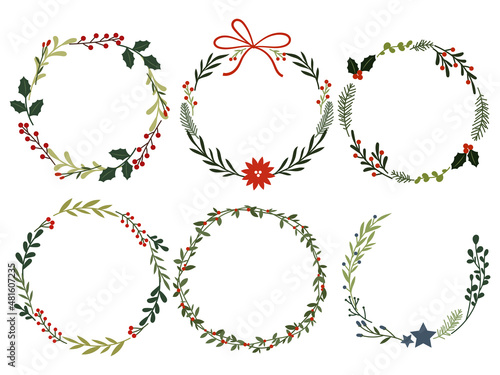 Set of Christmas wreaths. Collection of stylized wreaths with bows, fir branches, titmouse and etc. Holiday decorations. Happy New Year. Vector illustration isolated on white background.