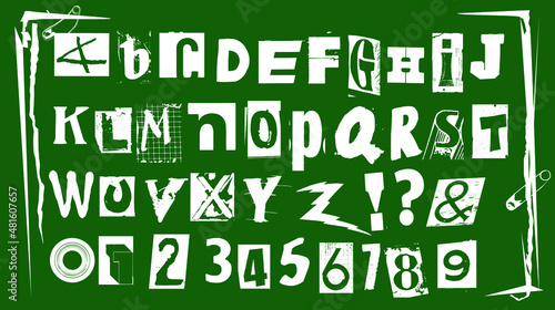 Punk typography vector alphabet and numbers. Type specimen set for grunge font flyers and posters or ransom note style designs.