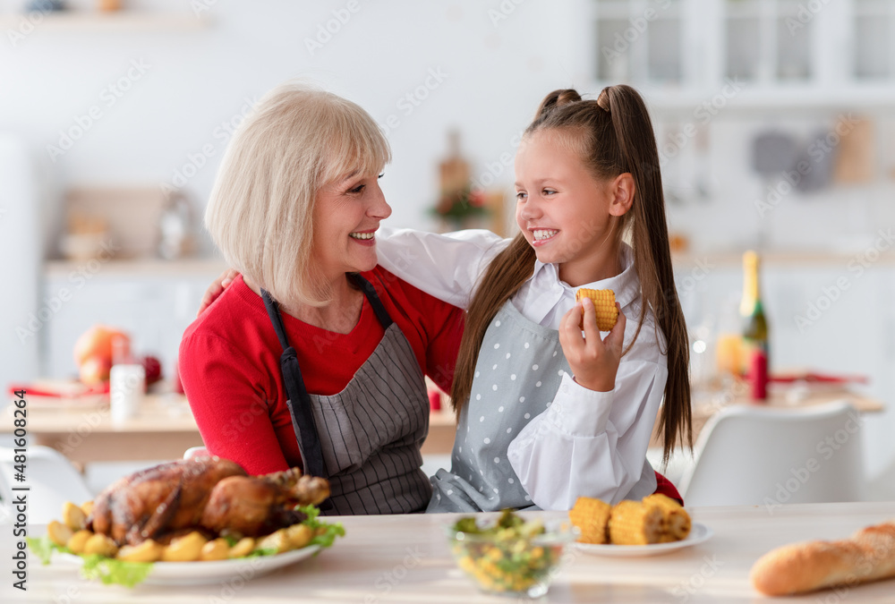 Family cooking. Happy grandmother embracing cute girl, making traditional Thanksgiving or Christmas dinner at kitchen Family cooking. Happy grandmother embracing cute girl, making traditional Thanksgiving or Christmas dinner at kitchen