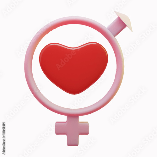 Male sex symbol Icon with heart 3d. 3D rendering of gender symbol isolated on white background