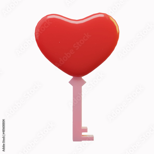 3D rendering of a simple key with a heart shape on top, valentine's day concept.