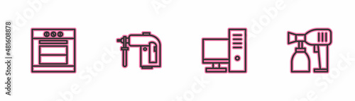Set line Oven, Computer monitor, Rotary hammer drill machine and Paint spray gun icon. Vector