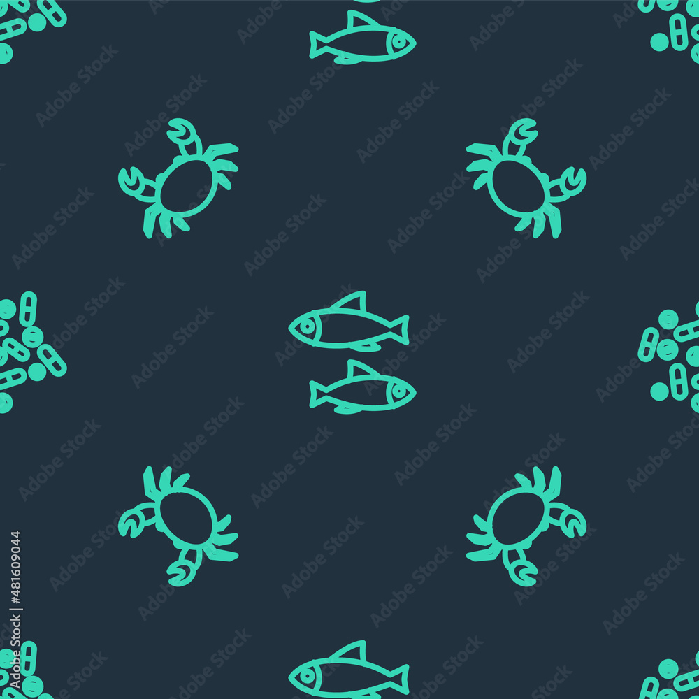 Set line Fish, Crab and Medicine pill or tablet on seamless pattern. Vector Set line Fish, Crab and Medicine pill or tablet on seamless pattern. Vector