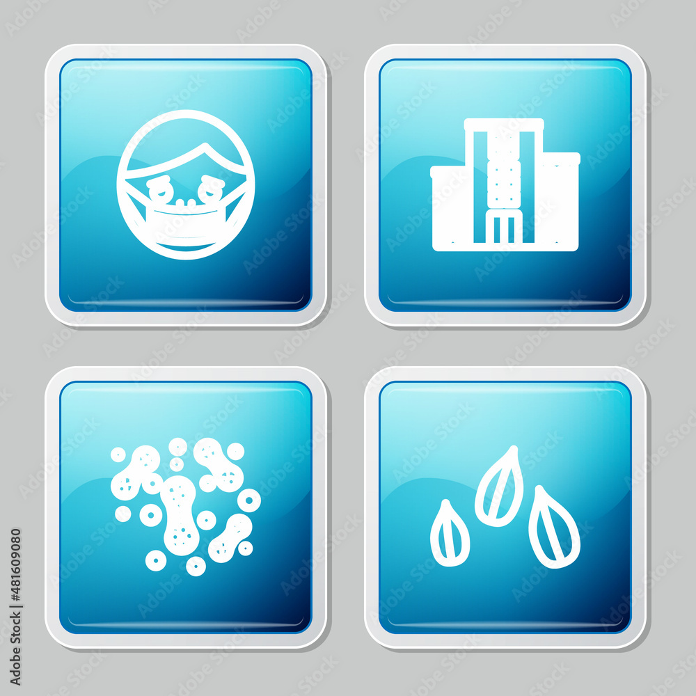 Set line Face in protective mask, Medical hospital building, Bacteria and Sesame seeds icon. Vector Set line Face in protective mask, Medical hospital building, Bacteria and Sesame seeds icon. Vector