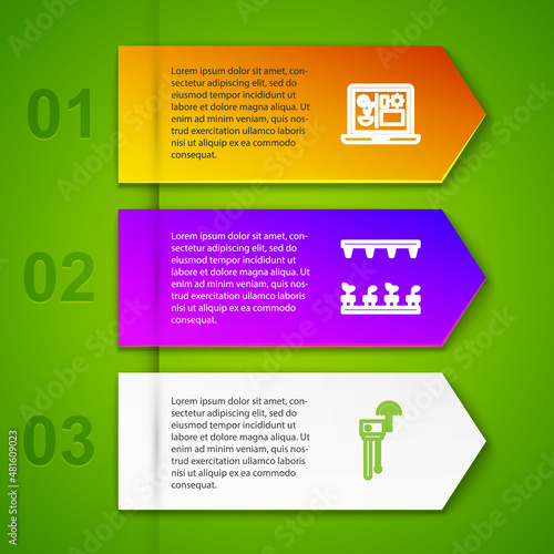 Set line Smart farming technology, Automatic irrigation sprinklers, Router and wi-fi signal and Incubator for eggs. Business infographic template. Vector