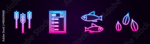 Set line Wheat, Clinical record, Fish and Sesame seeds. Glowing neon icon. Vector