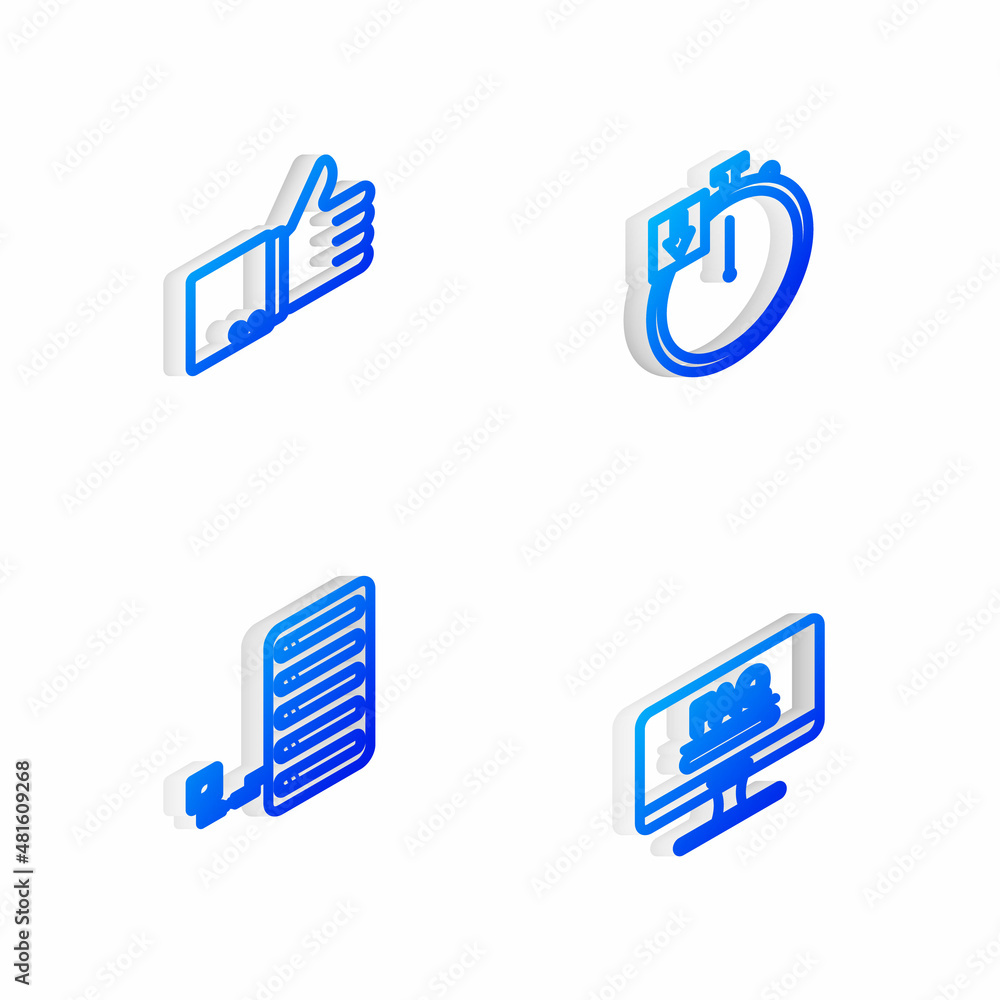 Set Isometric line Stopwatch, Hand thumb up, Server and Monitor with FAQ information icon. Vector Set Isometric line Stopwatch, Hand thumb up, Server and Monitor with FAQ information icon. Vector