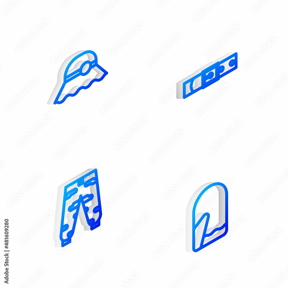 Set Isometric line Leather belt, Elegant women hat, Camouflage cargo pants and Christmas mitten icon. Vector Set Isometric line Leather belt, Elegant women hat, Camouflage cargo pants and Christmas mitten icon. Vector