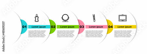 Set line Nail polish bottle, Round makeup mirror, Eyebrow tweezers and Makeup powder with. Business infographic template. Vector