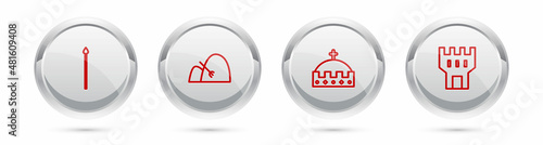 Set line Medieval spear, Bale of hay and rake, King crown and Castle tower. Silver circle button. Vector