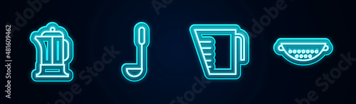 Set line French press, Kitchen ladle, Measuring cup and colander. Glowing neon icon. Vector