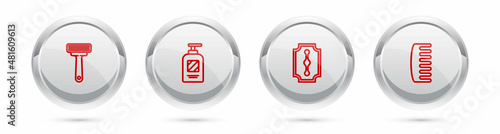 Set line Shaving razor, Bottle of shampoo, Blade and Hairbrush. Silver circle button. Vector