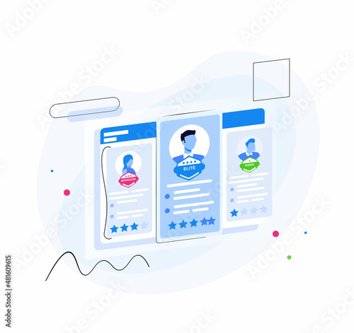 Social presentation for employment. Infographic for recruiting. Web recruit resources, choice, research or fill form for selection. Application for employee hiring. flat isometric vector illustration.