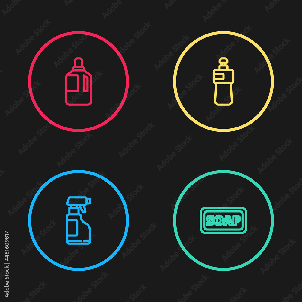 Set line Spray bottle with detergent liquid, Bar of soap, Dishwashing and Fabric softener icon. Vector Set line Spray bottle with detergent liquid, Bar of soap, Dishwashing and Fabric softener icon. Vector