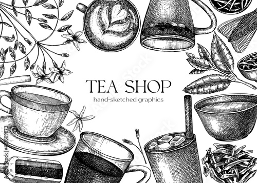 Hand sketched tea drinks and ingredients banner. Vintage teacups, glasses, leaves, flowers hand drawings background. Tea beverages design. Perfect for recipe, menu, label, packaging.