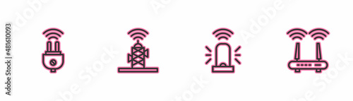 Set line Smart electric plug, flasher siren, Wireless antenna and Router and wi-fi signal icon. Vector