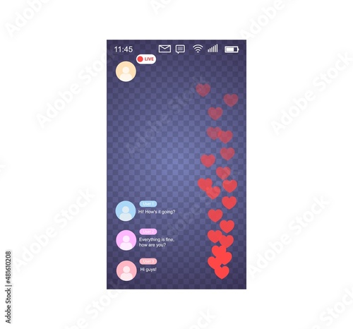 Mockup of mobile app with like live streaming. Interface photo frame design social media application network post template with flying multicolored hearts. Vector illustration for video chat, ui, web