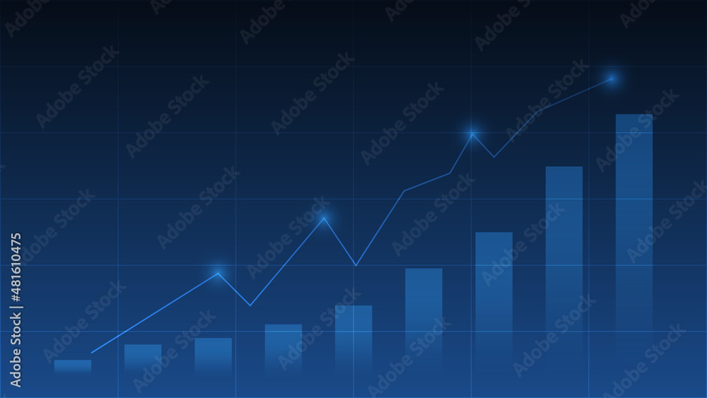 bar chart shows business growth information for strategy planning and uptrend line graph with light dot on blue background with copy space bar chart shows business growth information for strategy planning and uptrend line graph with light dot on blue background with copy space