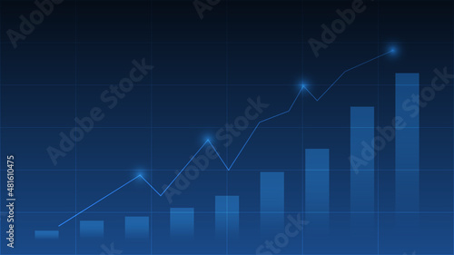 bar chart shows business growth information for strategy planning and uptrend line graph with light dot on blue background with copy space