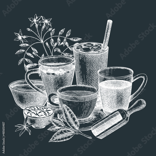 Hand-sketched  tea drinks illustration on chalkboard. Vector sketches of hot beverage cups, dried leaves, jasmine blossoms. Popular tea drawings for card or invitation or cafe menu design