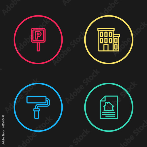 Set line Paint roller brush, House contract, and Parking icon. Vector