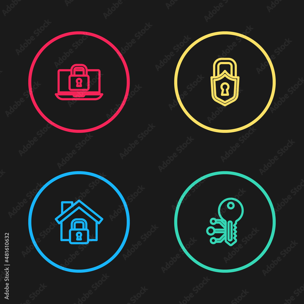 Set line House under protection, Cryptocurrency key, Lock and Laptop and lock icon. Vector