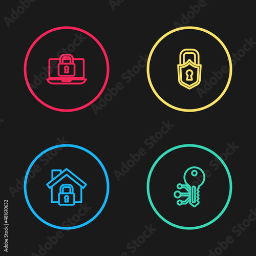 Set line House under protection, Cryptocurrency key, Lock and Laptop and lock icon. Vector
