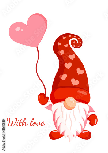 Illustration of a romantic gnome with an inflatable ball for banner, postcard, textiles, decor. Scandinavian nordic gnome, cute elf for valentine's day.