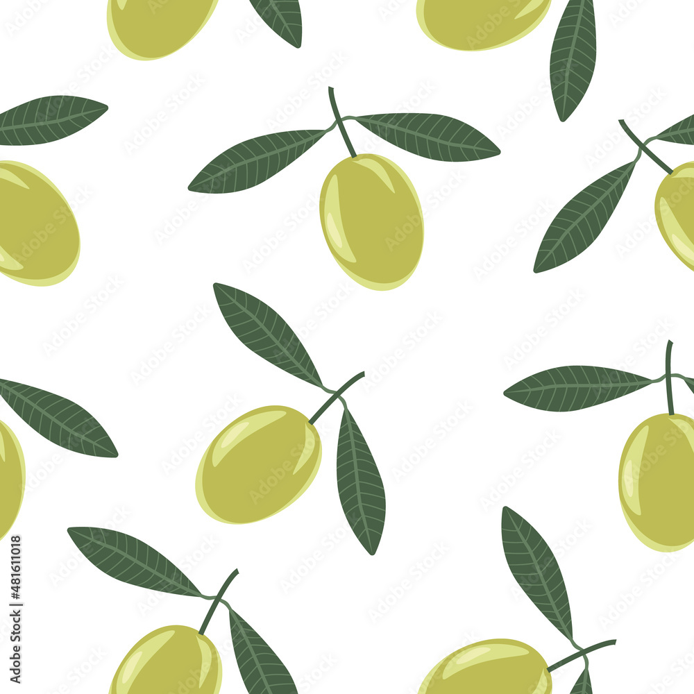 Green olives on a branch, seamless pattern on a white background.Vector pattern can be used in textiles, postcards, packages. Green olives on a branch, seamless pattern on a white background.Vector pattern can be used in textiles, postcards, packages.