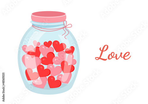 Romantic jar with hearts. Vector illustration of a jar for valentine's day for postcard, textile, decor, poster. Love message. Greeting card.