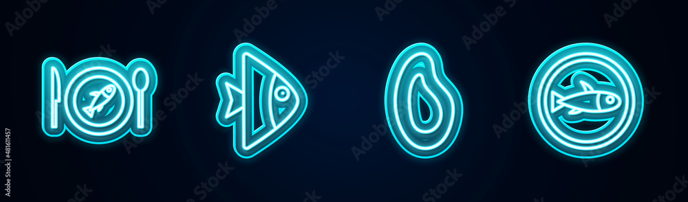 Set line Served fish on a plate, Fish, Mussel and . Glowing neon icon. Vector Set line Served fish on a plate, Fish, Mussel and . Glowing neon icon. Vector