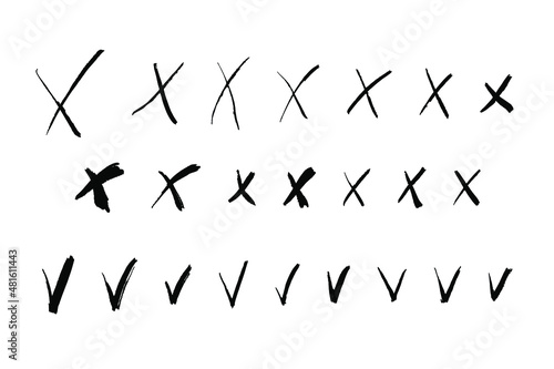 Hand drawn check marks and crosses signs. Doodle checkmarks answers in test, confirmation, negation icons. Checklist marks template, voting set. Vector flat illustration isolated on white.