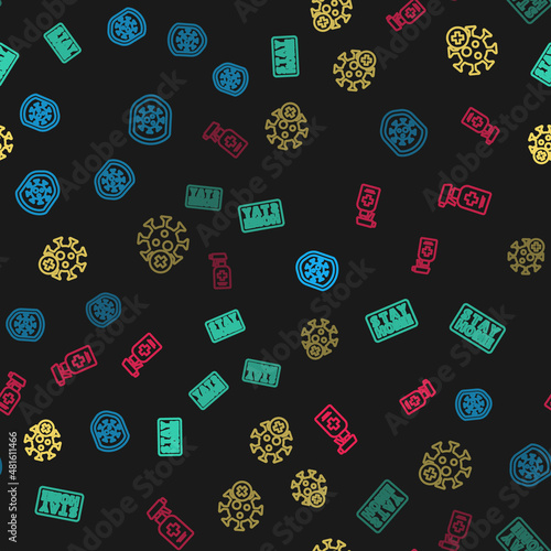 Set line Shield protecting from virus, Stay home, Positive and Liquid antibacterial soap on seamless pattern. Vector