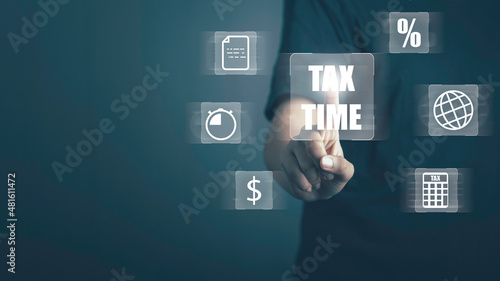 TAX time, Calculation tax return, state taxes, tax payment concepts. Person or businessman touch on virtual screen to fill in the income tax online return for tax payment.