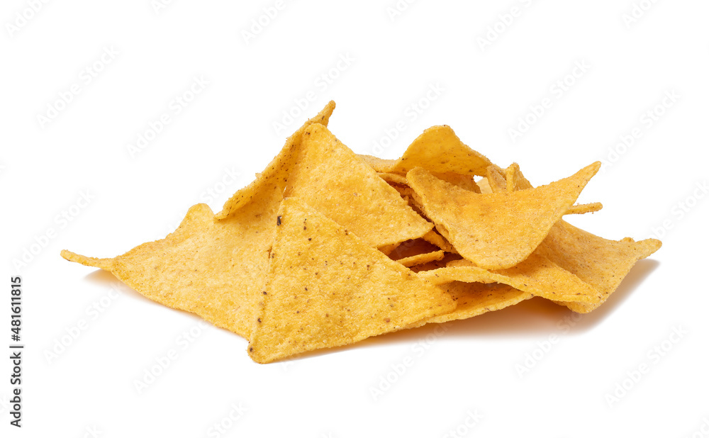 Fototapeta premium pile of corn tortilla chips or nachos isolated on a white background