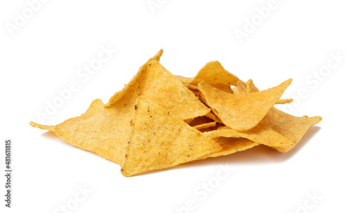 pile of corn tortilla chips or nachos isolated on a white background