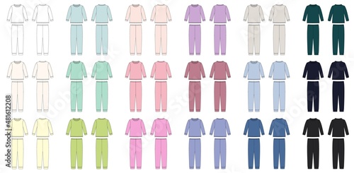 Set of Colored childrens cotton sweatshirt and pants. apparel pajamas technical sketch. Kids outline nighwear design template collection.