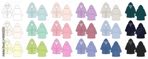 Set of bathrobe technical sketch. Hooded bathrobe.