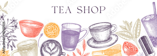 Hand-sketched tea drinks and ingredients banner in color. Vector sketches of hot beverage cups, dried leaves, jasmine blossoms background. Popular tea design for cafe or restaurant menu.