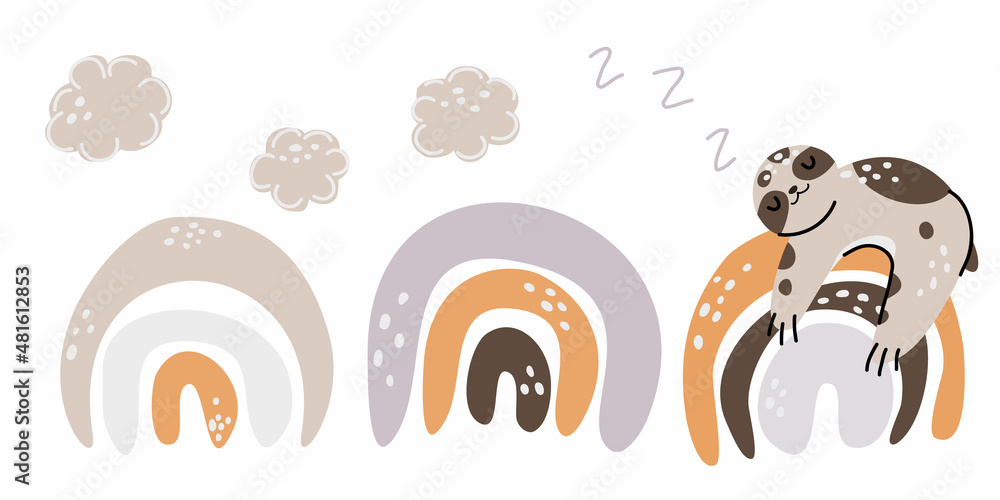 Naklejka premium Rainbow sloth. Abstract boho rainbow baby animal, minimalist arch. Nursery room. Cute animal stock modern trendy hand drawn flat illustration isolated on white background.