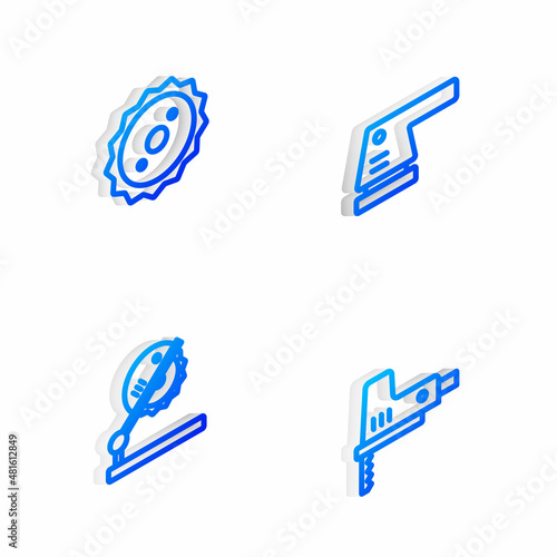 Set Isometric line Electric sander, Circular saw blade, Table for woodwork and jigsaw icon. Vector