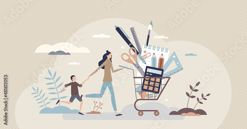 School supplies and stationary equipment for learning tiny person concept. Shop sale with education tools vector illustration. Full cart with pencils, pens, notepad and calculator vector illustration
